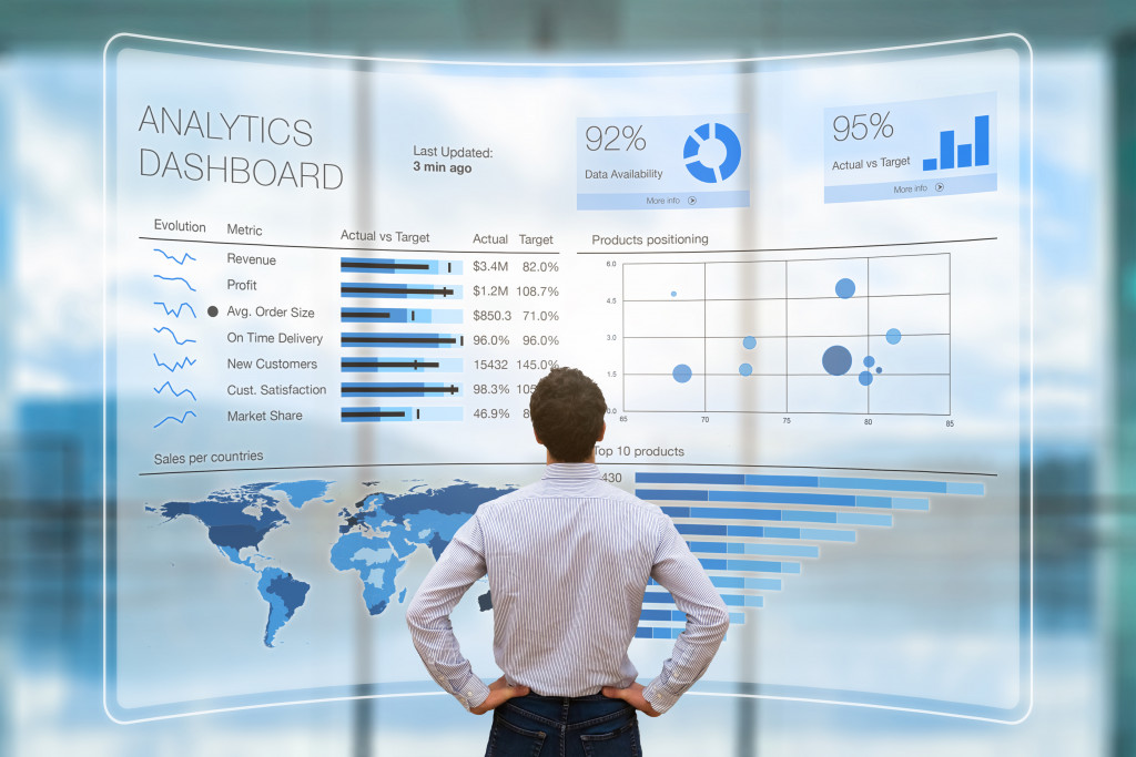 analytics dashboard with data being analyzed by businessman