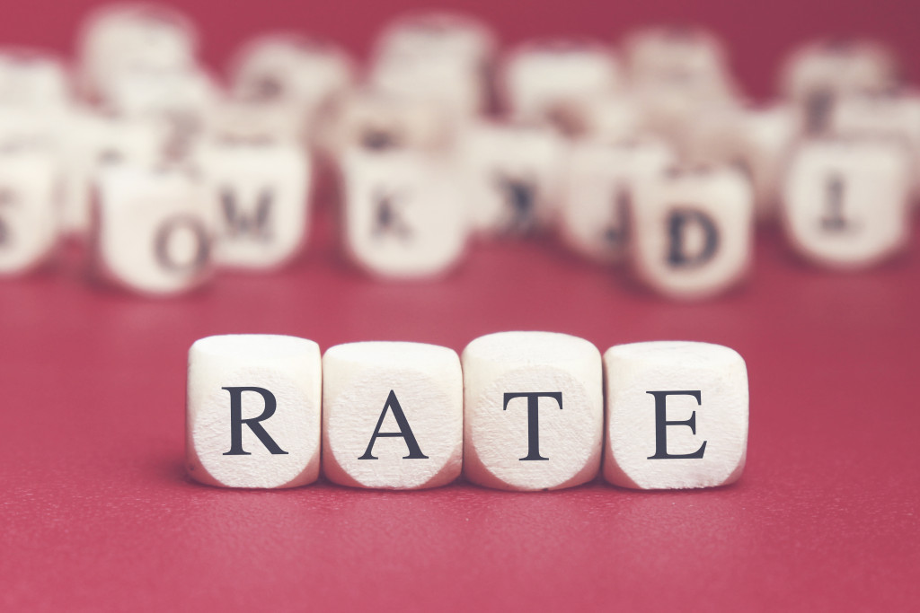 Rate word written on wood cube with red background